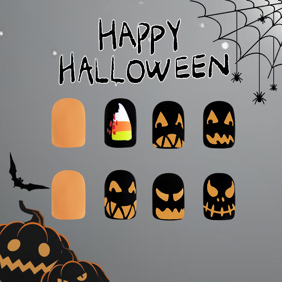 Short Frosted Spider Pumpkin Orange Faces Devil Nails Wear Armor 20.24 million Holy Festival Manicure New 24 Pieces_voghion.com