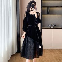 秋季胖蕾丝拼接丝绒连衣裙大大码女装收腰遮肚法式轻奢裙子