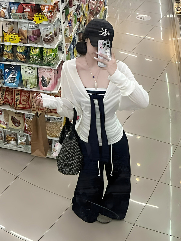 辣妹早秋套装女2025新款绑带条纹抹胸上衣搭配长袖防晒罩衫两件套|undefined