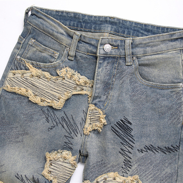 in stock 2025 New Slim Fit Straight Tube Stitching Collage Liu Ding Teenager Blue Men's Flared Jeans 3873