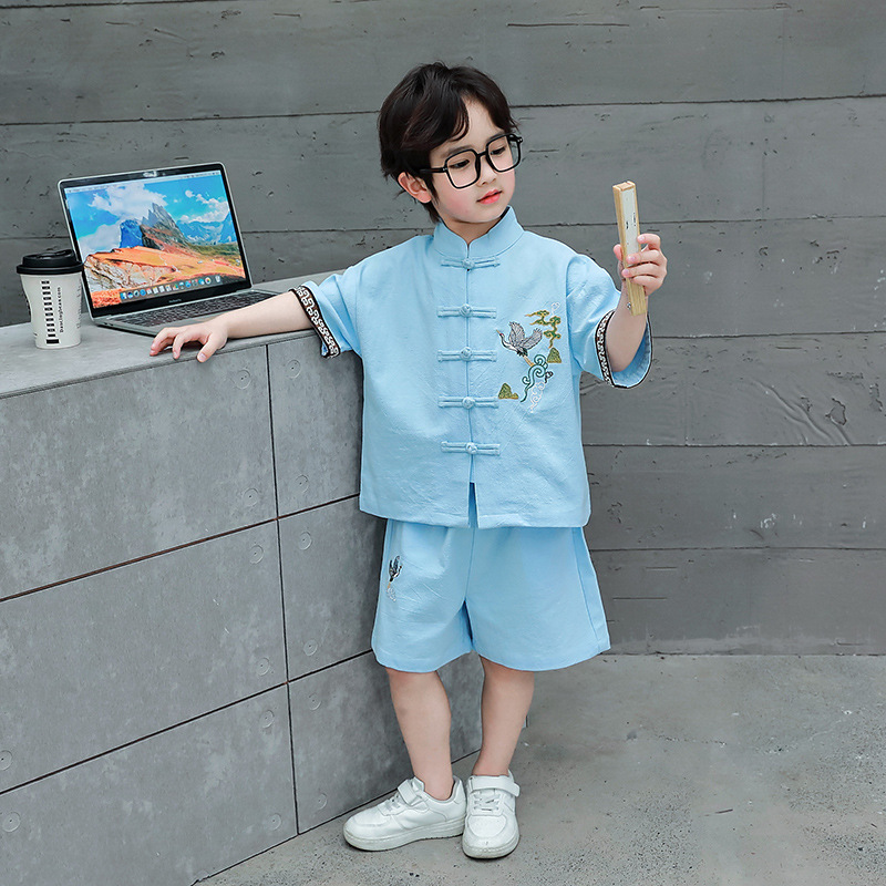 男童中國風短袖套裝夏季2024新款小童新中式夏裝兒童唐裝襯衫漢服