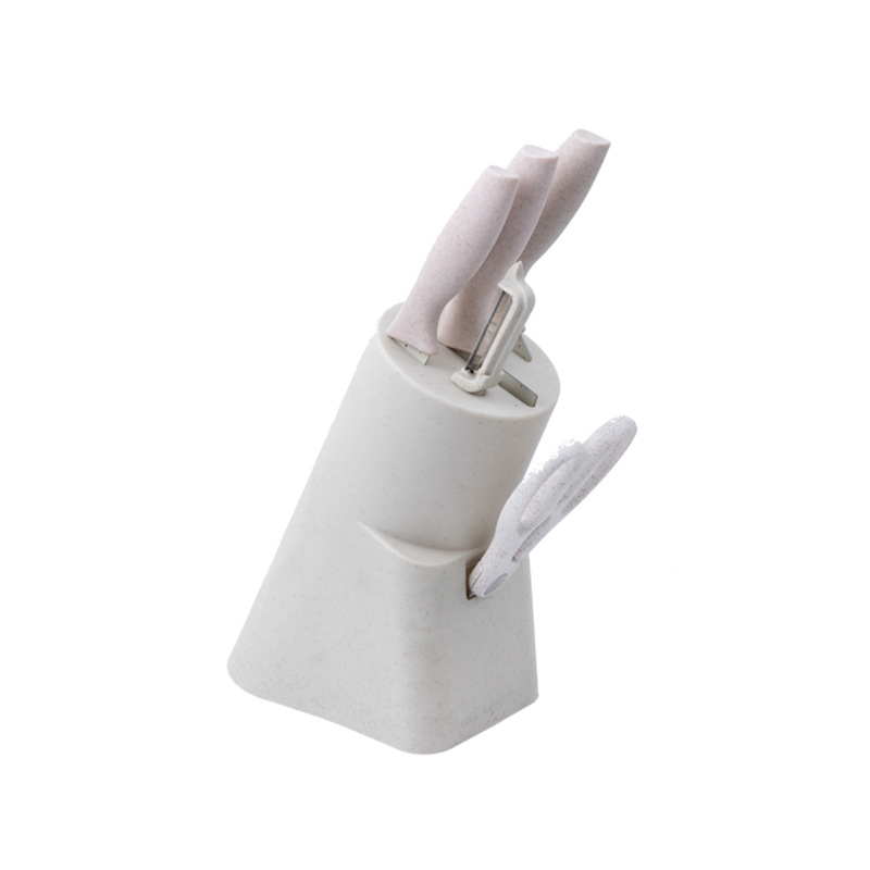 Juego de cuchillos de paja de trigo coloridos en stock del fabricante, con soporte para cuchillos, juego de regalo de 6 piezas de cuchillos de cocina de acero inoxidable para el hogar.