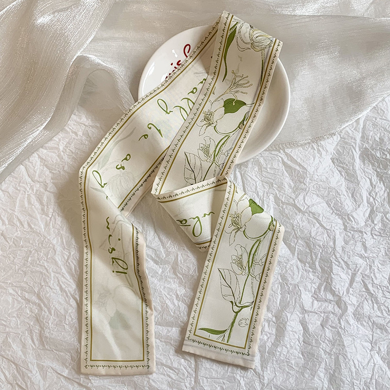 Pañuelo de seda largo, atmósfera coreana, nueva serie fresca, temperamento, pañuelo en la cabeza de alta gama, cinta para el cabello, bolsa para el cabello, cinta