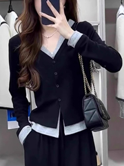 黑色假两件正肩V领长袖T恤女早秋新款打底衫修身显瘦针织开衫上衣