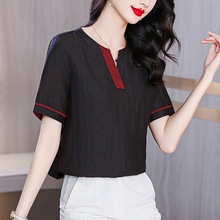 高品质减龄中年女夏季新款香云纱真丝上衣v领T恤衫简约桑蚕丝衬衫