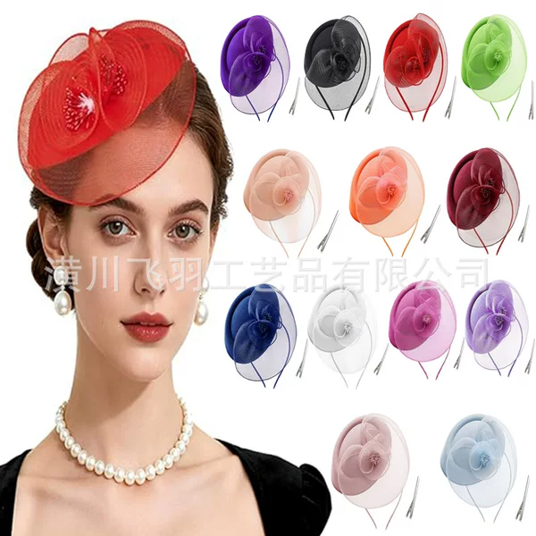 European and American Bridal Headwear Mesh Top Hat Retro Wedding Stewardess Hat Beret Hair Accessories Party Dance Festival Headwear
