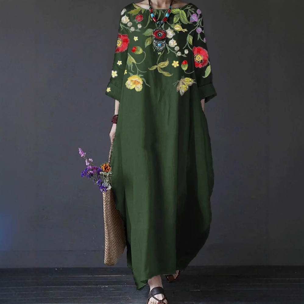 Independent Brand Printed Women's Clothing, European And American Three-quarter Sleeve Midi Dress, Floral Bohemian_ecoleips.com