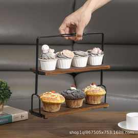 木质双层收纳架可手提点心水果加烘焙店蛋糕展示架婚礼手提木支架