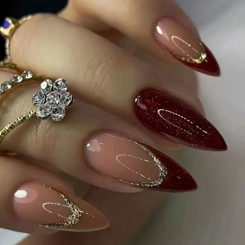 Foreign Trade Style European and American Best-Selling Shiny Gold Matte Red High-End Versatile Press-On Nails Wholesale 24 Pieces