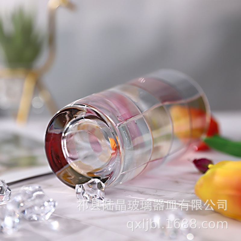 Lu Jingcai color Plaid vidrio taza de agua de alto aspecto creativo whisky vino vaso taza de jugo flor taza de té al por mayor