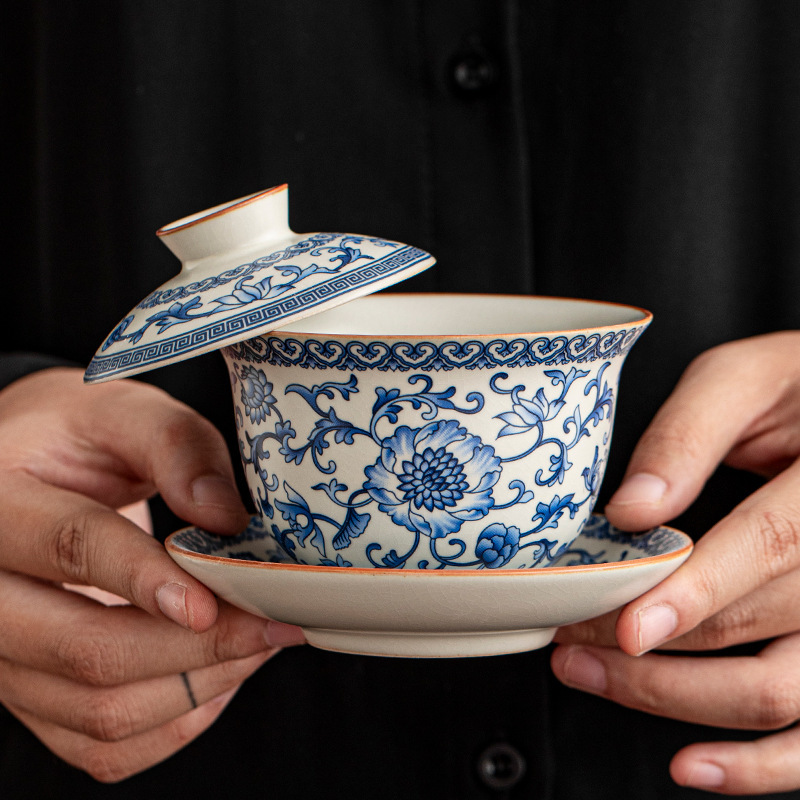 Ru Kiln Suspension Three-Talent Covered Bowl Large Capacity Tea Serving Bowl High-End Non-Hot Ceramic Household Tea Bowl Kung Fu Tea Set Ru Kiln Suspension Three-Talent Covered Bowl Large Capacity Tea Serving Bowl High-End Non-Hot Ceramic Household Tea Bowl Kung Fu Tea Set