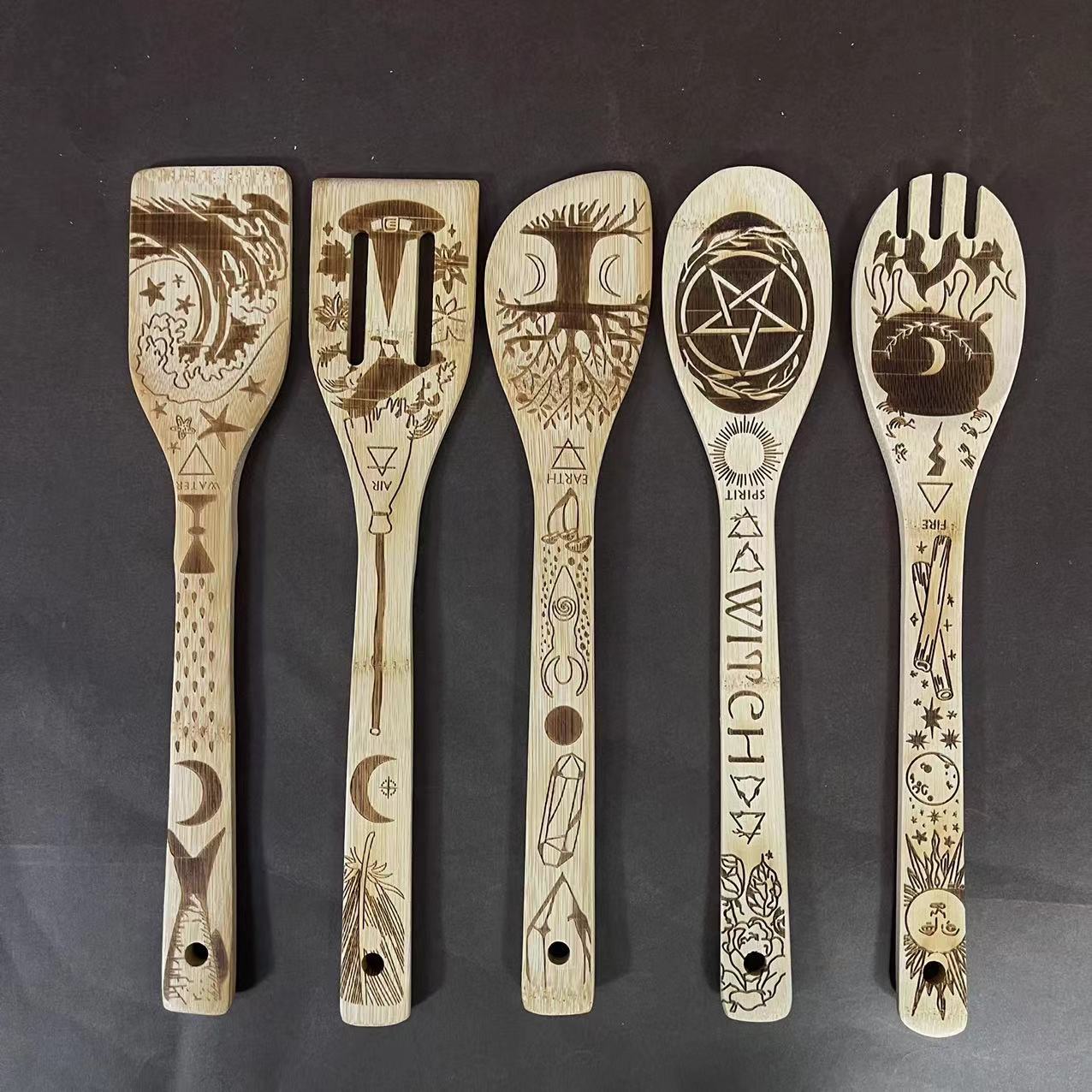 Espátula de cocina de bambú patrón de talla creativa pala espátula de cocina fabricante de seis piezas en stock