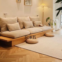 MH日式沙发实木框架客厅小户型现代简约储物三人地台布艺奶油原宿