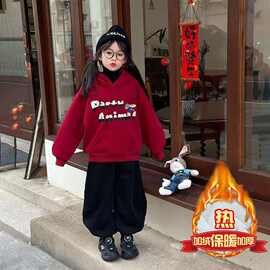 女童套装冬季加绒加厚红色上衣+裤子复合一件代发跨境外贸新款