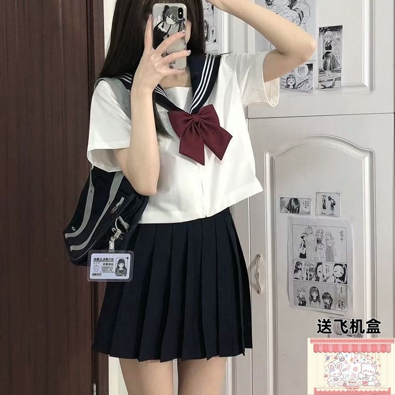 White and Black Three-Piece Jk Uniform Skirt Basic Authentic Sailor Suit Japanese College Style Short-Sleeve Middle Uniform for Women