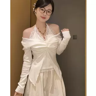 6628#设计感纯欲蕾丝拼接挂脖上衣女 掐腰褶皱扭结显瘦保暖长袖
