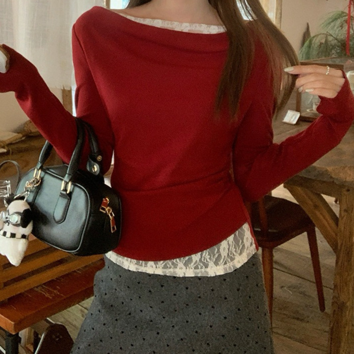 Christmas Red Diagonal Off-Shoulder Pure Desire Lace Patchwork Long-Sleeve Base Shirt for Women, Perfect for Autumn and Winter, Can Be Worn as an Inner or Outer Layer, Stunning Top Christmas Red Diagonal Off-Shoulder Pure Desire Lace Patchwork Long-Sleeve Base Shirt for Women, Perfect for Autumn and Winter, Can Be Worn as an Inner or Outer Layer, Stunning Top
