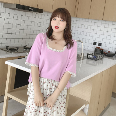 Big size dress 2021 Summer style 200 Pounds of fat mm knitting Korean Edition Easy Short sleeved Sweater jacket