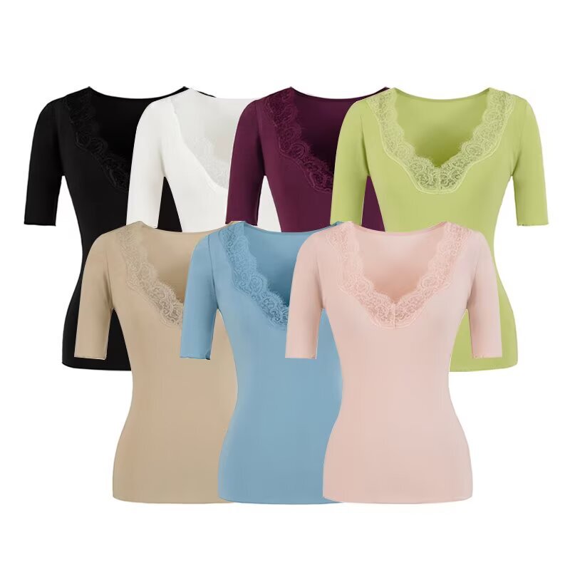2026 Spring New Thickened Long-Sleeve T-Shirt with Deep V-Neck Lace, Sexy and Stylish Base Shirt, Slimming Waist-Cinching Top 2026 Spring New Thickened Long-Sleeve T-Shirt with Deep V-Neck Lace, Sexy and Stylish Base Shirt, Slimming Waist-Cinching Top