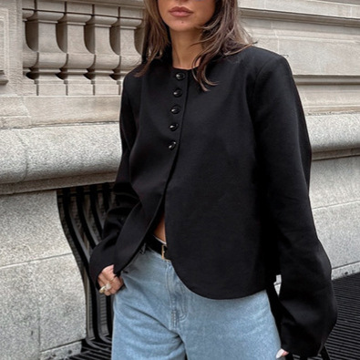 European and American Trendy Design Round Neck Small Suit Jacket for Women 2025 Autumn and Winter New Fashion Casual Elegant Short Top