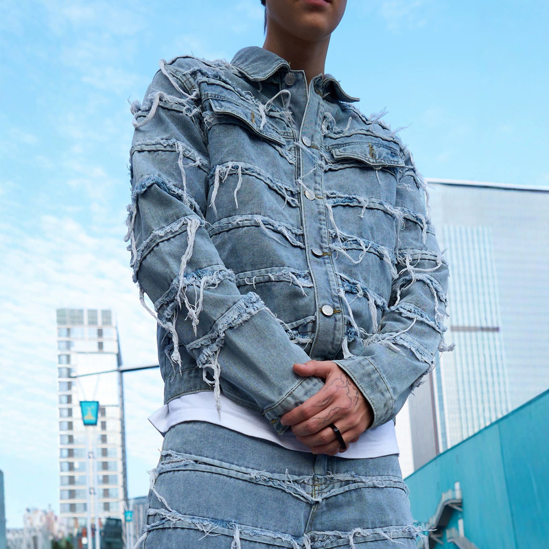 2026 New Cross-Border Heavy-Duty Tassel Ripped Denim Jacket Street Fashion Brand Cool Street-Style Loose Denim Jacket