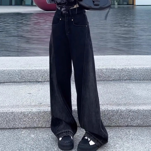 Large Size Fat Girl Black Striped High-Waisted Wide Leg Denim Pants Women Autumn Winter Loose Slimming Straight Leg Ground-Length Pants