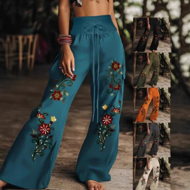 2025 Summer European and American Cross-Border Amazon New Fashion Casual Printed Drawstring Long Pants Women's Clothing