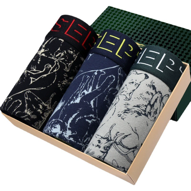 Нижнее белье Seven Wolf Мужские боксеры из хлопка с аммиаком Модные эластичные дышащие Молодежные боксеры с принтом на голову, 3 шт.