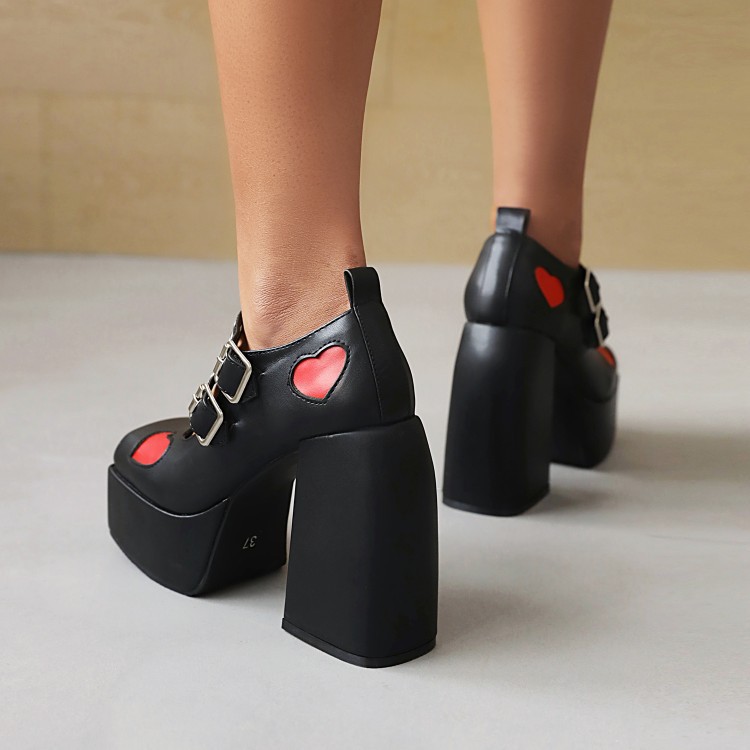 New square head double buckle love splicing single shoes waterproof platform thick high heel women's shoes_voghion.com