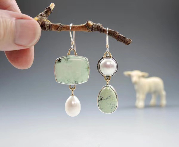 Agate asymmetrical earrings handmade jade from pearl