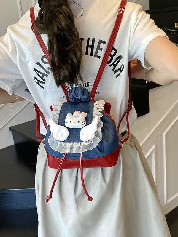 韩版小众设计kitty猫卡通可爱天使翅膀学生书包精致蕾丝百搭背包|undefined