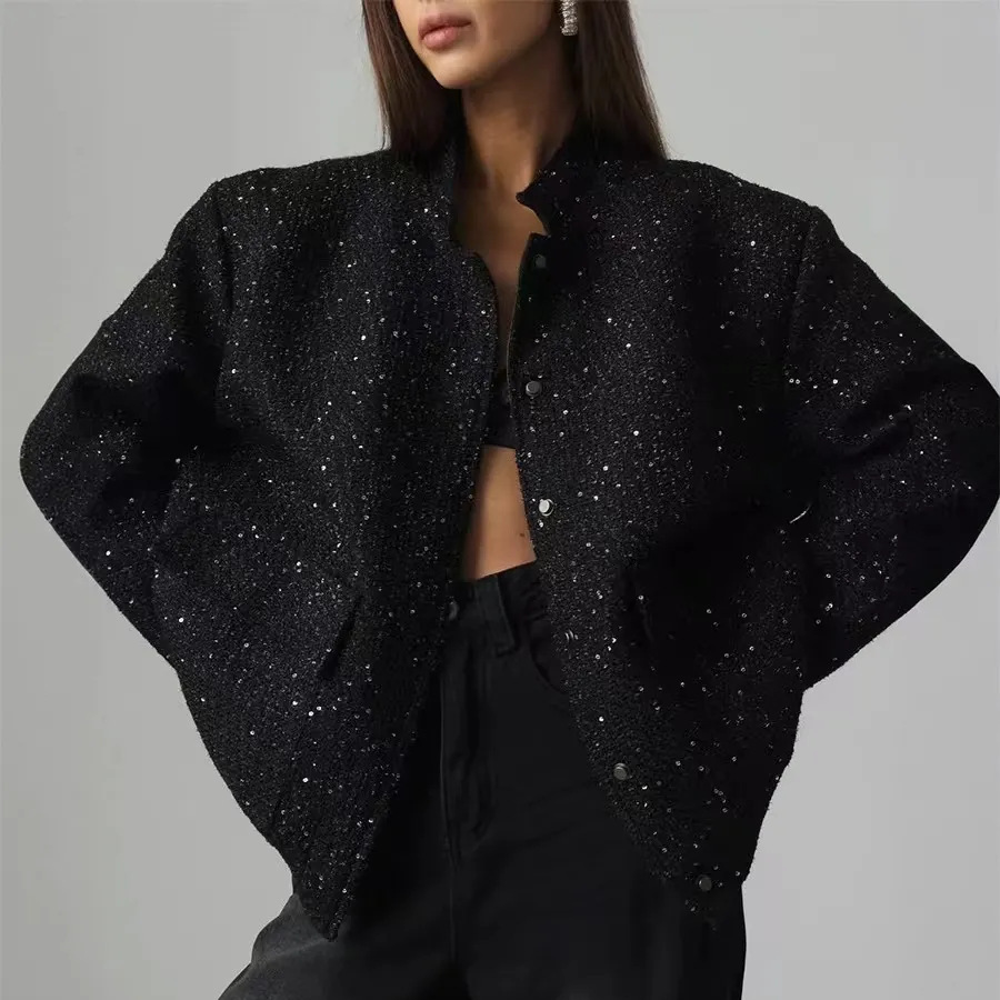 European and American New Fashion Style Gold Sequin Top with Stand Collar Loose Jacket Sequin Loose Jacket