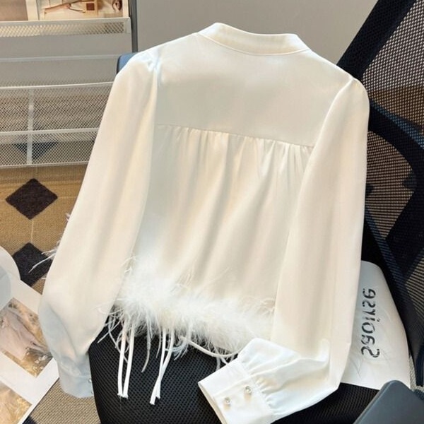 New Chinese Style Feather Buckle White Shirt Long-Sleeved Top Women's Spring and Autumn Chic Shirt