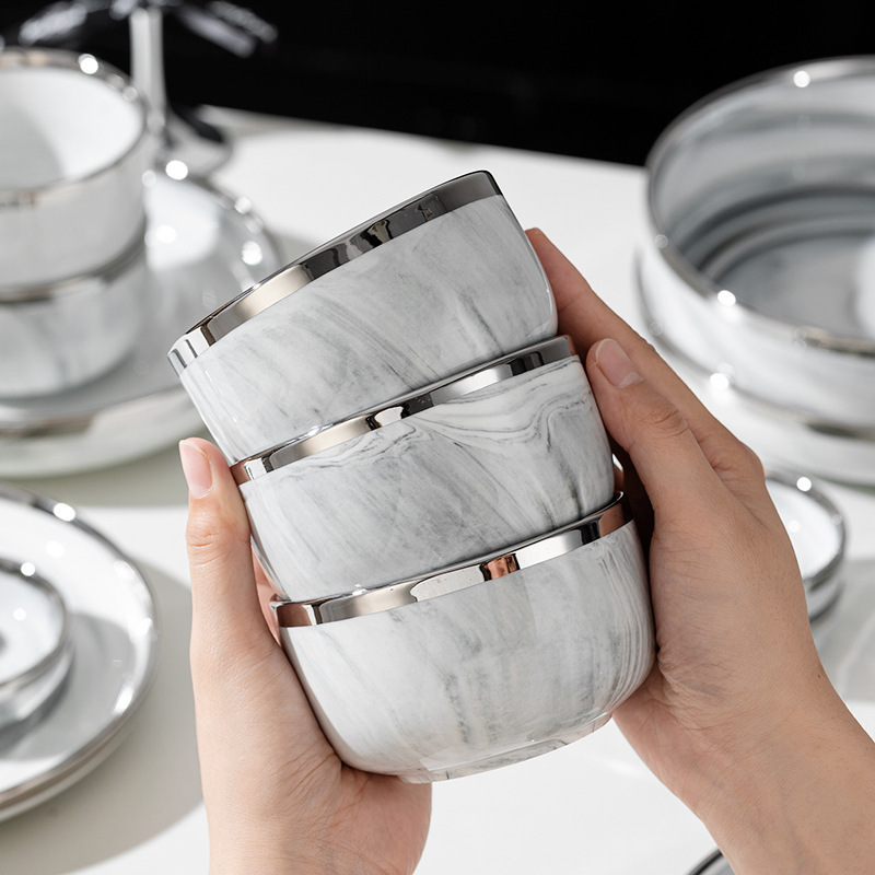 Light Luxury Marble High-grade Tableware Silver-rimed Bowl and Chopsticks Dishes and Dish suit Rice Bowl Household Ceramic Soup Bowl Plate