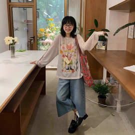 美式复古彩绘印花长袖t恤女夏季新款宽松显瘦防晒打底罩衫上衣潮