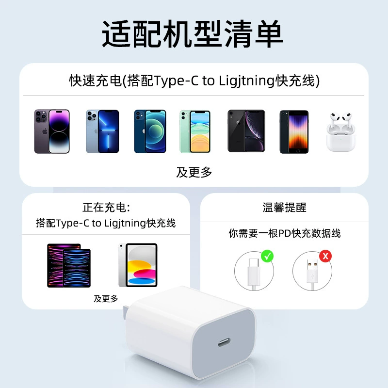Зарядное устройство (Apple) совместимо с iPhone 13/14, 20 Вт PD быстрая зарядка с кабелями