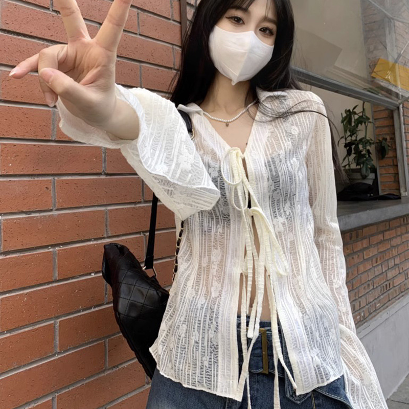 Designed Lapel Shirt for Women Summer Thin Long-Sleeved Lace-Up Sun Protection Cardigan Sexy Waist Slimming Look Outer Top