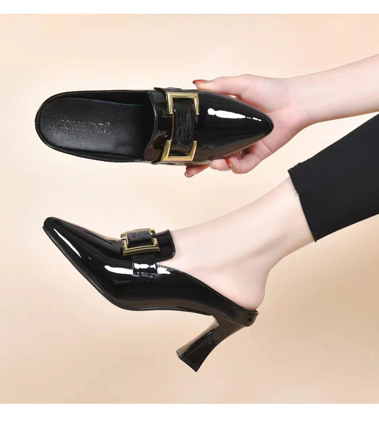 Giày mule nữ mũi nhọn da bóng gót thấp kiểu Pháp — Màu đen chi tiết 13