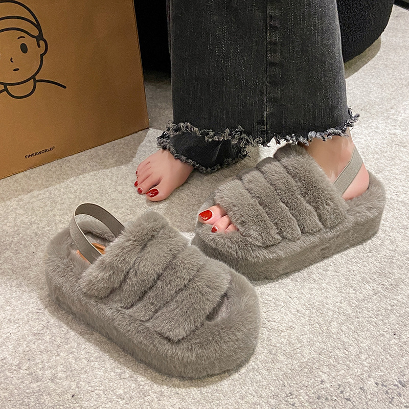 Foreign Trade Thick-Soled Furry Slippers for Women 2025 New Thick-Soled Home Plush Cotton Slippers Elastic Band Large Size Slippers for Women