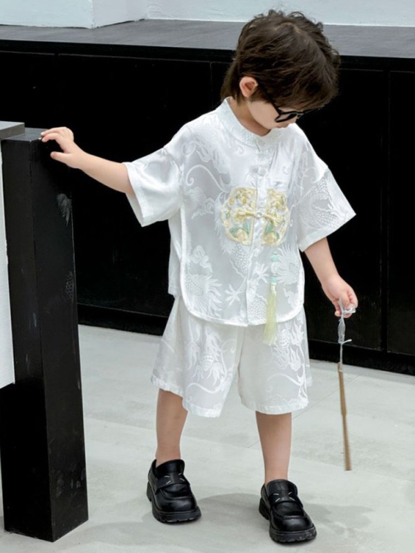 男の子と女の子 2025 夏スーツ夏の新中国風半袖子供ツーピース刺繍古代風スーツ|undefined