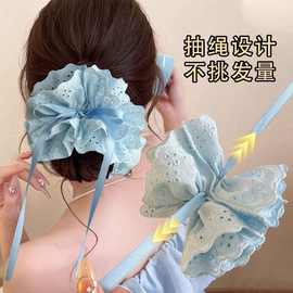 2025新款手作绑带蕾丝花边发圈白色可爱发绳法式镂空双层大肠圈女