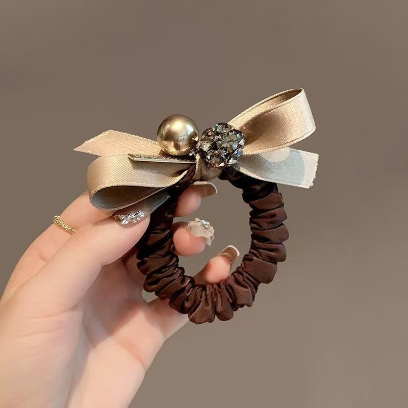 Fiocco rotondo di alta gamma con perle e strass, stile coreano, ad alta elasticità, elastico basso per coda di cavallo, accessorio per capelli da donna._voghion.com