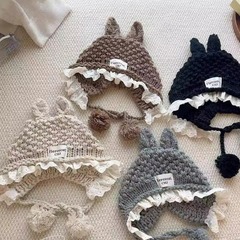 新款时尚百搭可爱减龄女秋冬显脸小手工蕾丝边针织帽洋气保暖盆帽