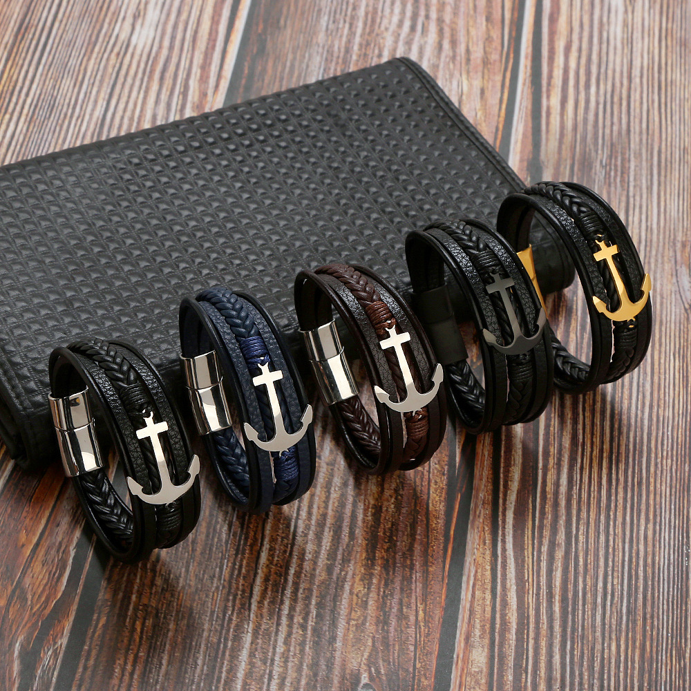 European and American Fashion Men's Stainless Steel Bracelet Metal Anchor Logo Accessories Multi-Layer Woven Leather Magnet Buckle Bracelet