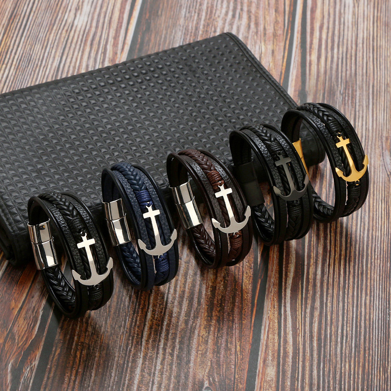 European and American Fashion Men's Stainless Steel Bracelet Metal Anchor Logo Accessories Multi-Layer Woven Leather Magnet Buckle Bracelet