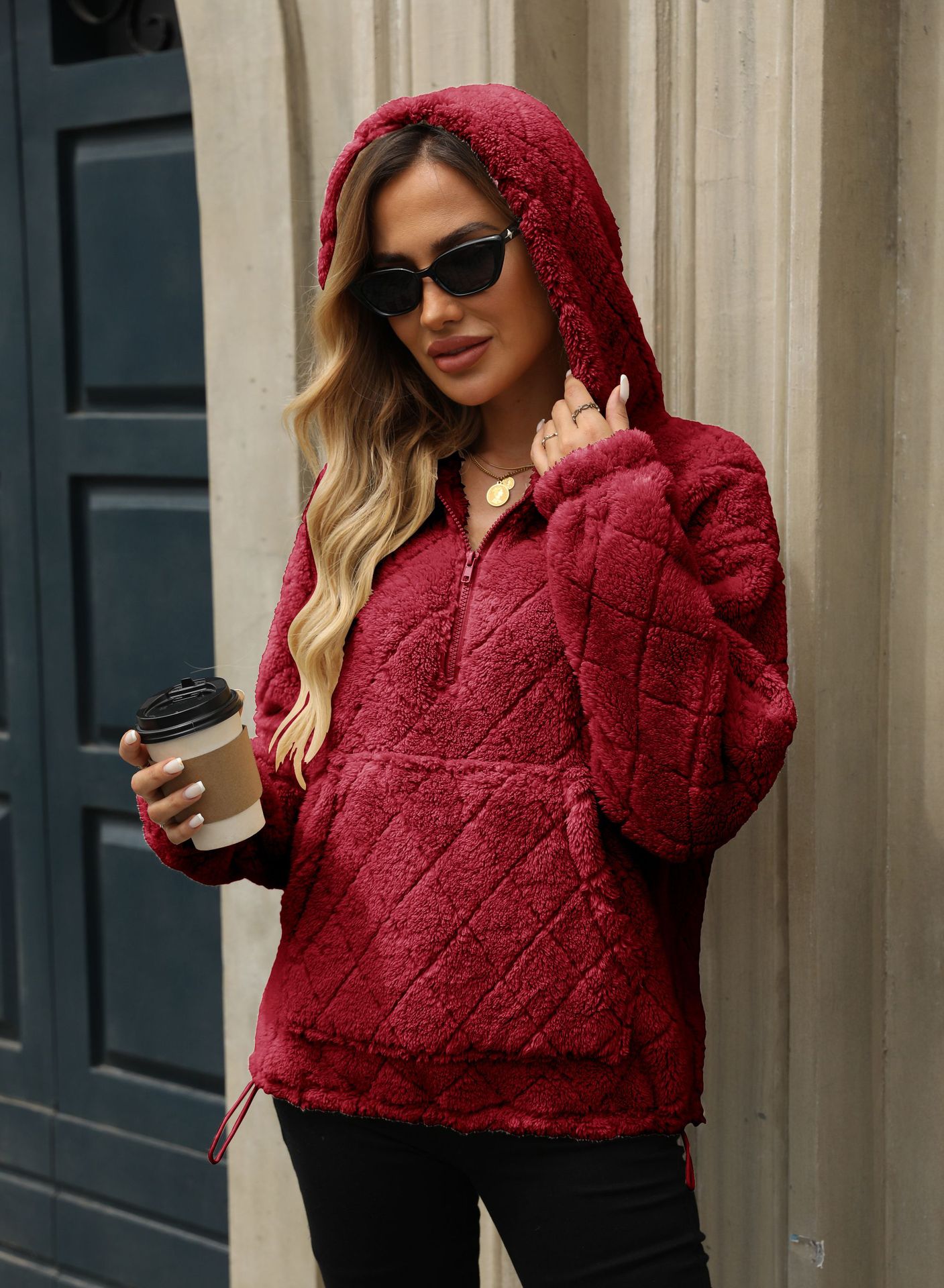 Women's Clothing Flash velvet 2024 autumn and winter new women's clothing loose half zip pullover hooded plush sweatshirt_voghion.com