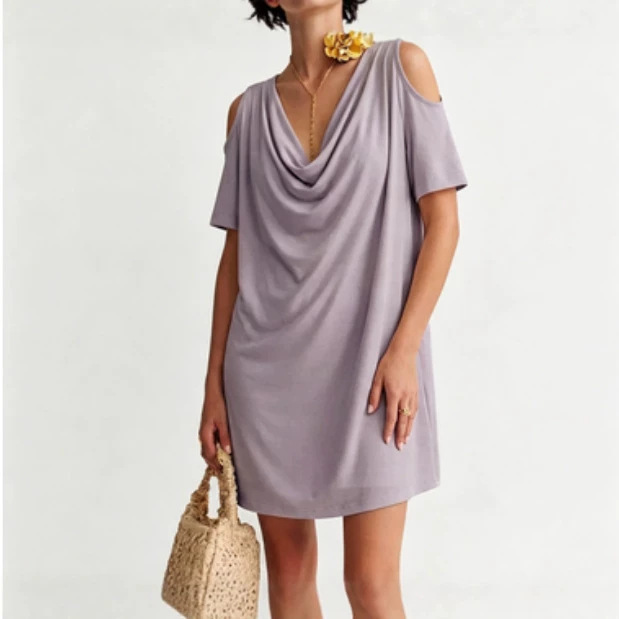 Casual style solid color straight short dress with stacked collar, off-shoulder, cold-shoulder short sleeves, loose and relaxed style