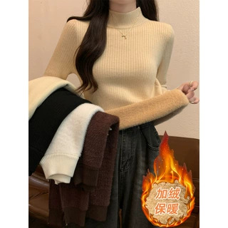 一体绒毛衣女秋冬2024新款半高领长袖打底针织衫加厚保暖内搭上衣
