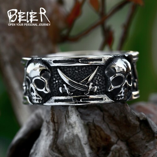 Beier Cross-border New Stainless Steel Punk Hip-hop Skull Ring Wholesale Titanium Steel Personal Dual Scythe Ring