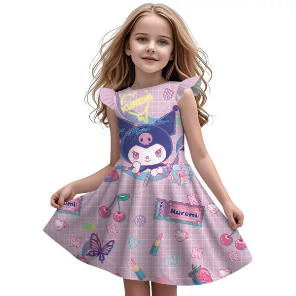 Summer Girls' Flying Sleeve Princess Dress, Cute Cartoon Print Princess Dress, Pink and Purple Children's Dress, Cross-Border